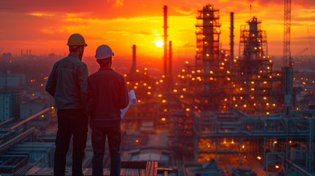 Shadowplay Teams of business engineers sift through hazy building sites at dusk in search of blueprints.の素材