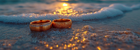 marriage rings in the beach. A sunset along the water.の素材