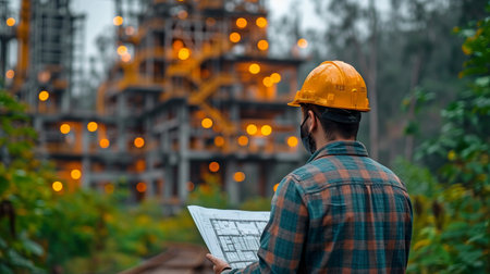 Using blueprints, an astute civil architect engineer inspects and works at an outside structure building site. notion of engineering and architecture.の素材