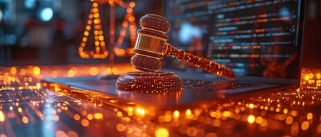 laptop with a wide banner legal law scale information and rules for corporate trade license registration, court governance compliance, and company and corporate trade license registrationの素材