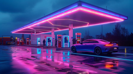 neon light at the gas station for carsの素材