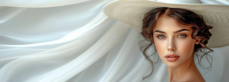 A stylish woman wearing a white wedding dress on a gray backdrop. Elegant Bride wearing a white summer hat and a mermaid gown.の素材