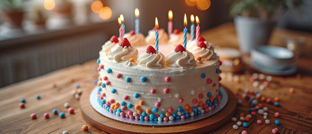 close-up of a handcrafted birthday cake illuminated by bokeh lights and candles.の素材