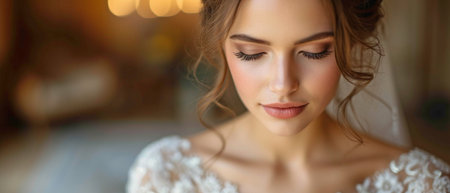 A stunning bride dressed in a white bridal gown is getting ready for the nuptials.の素材