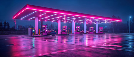 neon light at the gas station for carsの素材