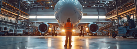 Engineers and aircraft mechanics at the hangar.の素材