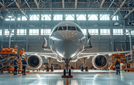 Engineers and aircraft mechanics at the hangar.の素材