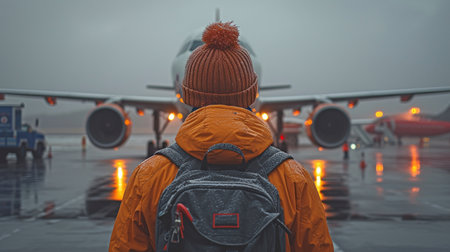 Front of the aircraft is an aircraft worker holding a checklist.の素材