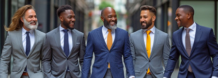 Outside the workplace, a group of businessmen wearing different suits are grinning and holding hands.の素材