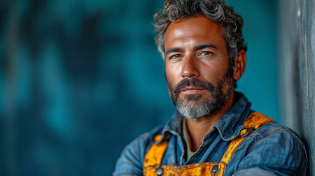 Construction worker with experience on a clear blue background.の素材