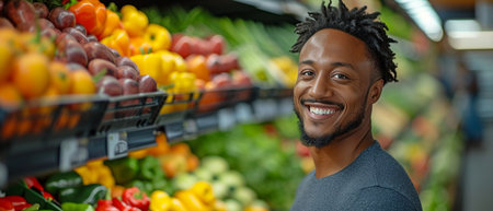 view of a man in a store, doing his grocery shopping.の素材