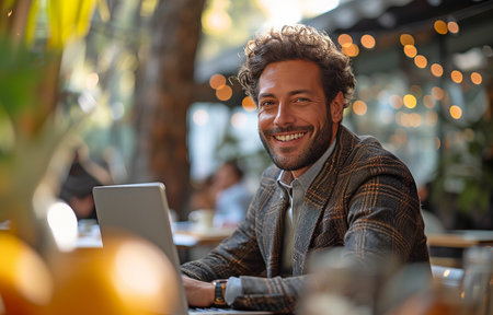 Smiling, outside, a young businessman in a suit is utilizing a laptop computer.の素材