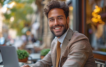 Smiling, outside, a young businessman in a suit is utilizing a laptop computer.の素材