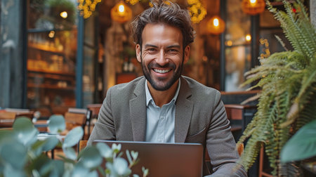 Smiling, outside, a young businessman in a suit is utilizing a laptop computer.の素材