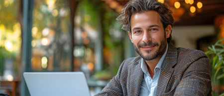 Smiling, outside, a young businessman in a suit is utilizing a laptop computer.の素材