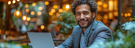 Smiling, outside, a young businessman in a suit is utilizing a laptop computer.の素材