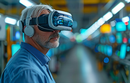 VR glasses are being used by a businessman and skilled worker at a high-tech firm.の素材