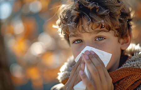It's not unusual to see a youngster blowing his nose into a tissue during the cold and allergy season.の素材