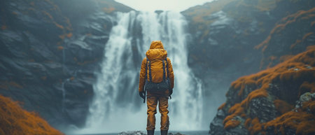 A hiker with a big rucksack, representing discovery and adventure, stands admiring a striking waterfall in an untamed alpine setting.の素材