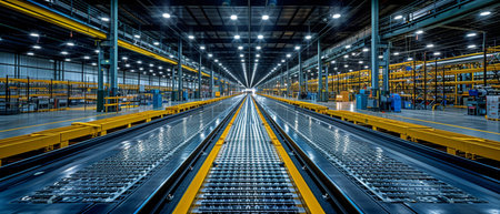 An expansive, light-filled, and contemporary industrial plant including equipment and a yellow-colored walkway is seen from a broad viewpoint.の素材