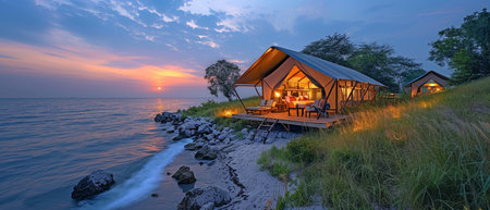 At sunset, a sumptuous beachfront tent with a view of the calm sea and a breathtaking sunset horizon glows warmly beneath a canopy.の素材