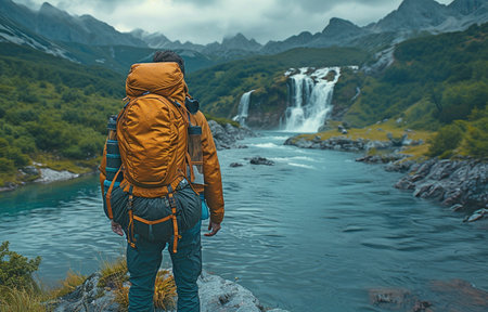 A hiker with a big rucksack, representing discovery and adventure, stands admiring a striking waterfall in an untamed alpine setting.の素材