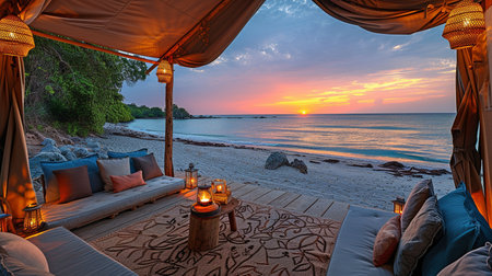 At sunset, a sumptuous beachfront tent with a view of the calm sea and a breathtaking sunset horizon glows warmly beneath a canopy.の素材