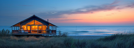 At sunset, a sumptuous beachfront tent with a view of the calm sea and a breathtaking sunset horizon glows warmly beneath a canopy.の素材