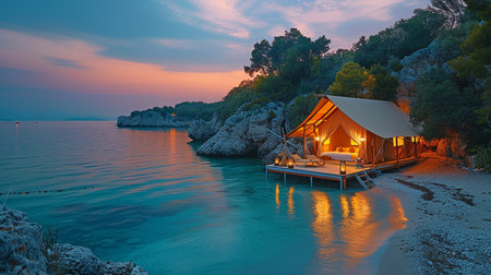 At sunset, a sumptuous beachfront tent with a view of the calm sea and a breathtaking sunset horizon glows warmly beneath a canopy.の素材