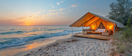 At sunset, a sumptuous beachfront tent with a view of the calm sea and a breathtaking sunset horizon glows warmly beneath a canopy.の素材