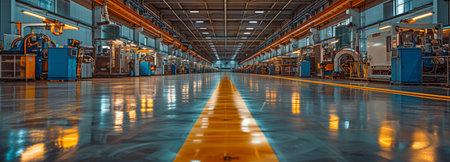 An expansive, light-filled, and contemporary industrial plant including equipment and a yellow-colored walkway is seen from a broad viewpoint.の素材