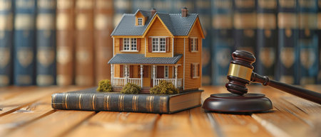 Auction house and concept judge. gavel, legal papers, and a home model.の素材