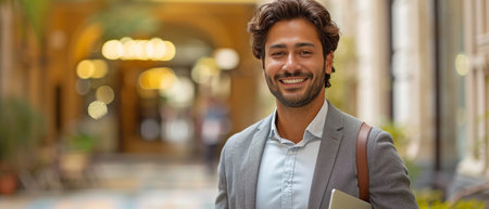 A youthful, smiling Indian businessman, an Arab professional manager, and an Eastern businessman executive in a suit are seen holding a laptop and pointing at an advertisement against a beige background.の素材