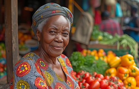 An elderly African woman selecting fresh fruits and vegetables at a busy outdoor farmers market.の素材