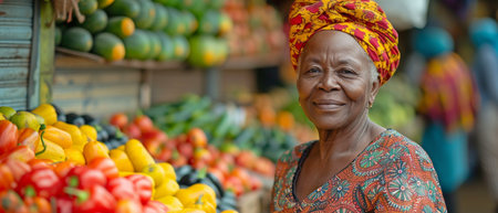 An elderly African woman selecting fresh fruits and vegetables at a busy outdoor farmers market.の素材