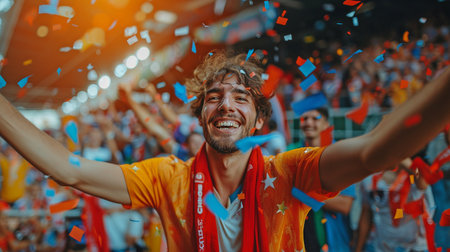 When their team wins, sports fans rejoice. soccer and football as concepts.の素材