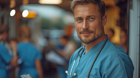 View of a self-assured emergency room physician standing in a hospital emergency room while on the phone. A dapper physician in scrubs is standing in a contemporary private clinic with a clipboard.の素材