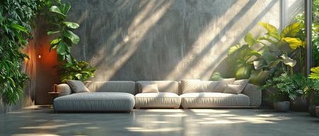 interior of living room including couches and green houseplants.の素材