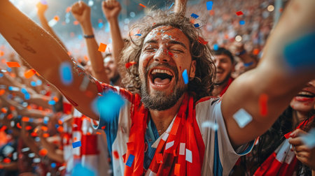 When their team wins, sports fans rejoice. soccer and football as concepts.の素材