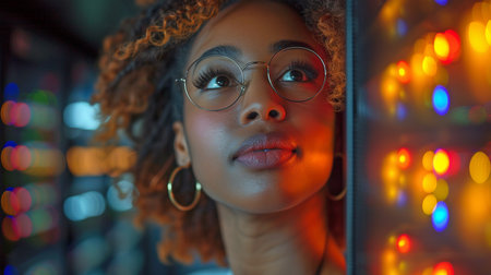 In the computer server room, a black lady engineer technician is portrayed.の素材