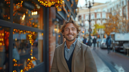 A young man in business stands outside next to office buildings and smiles at the camera.の素材