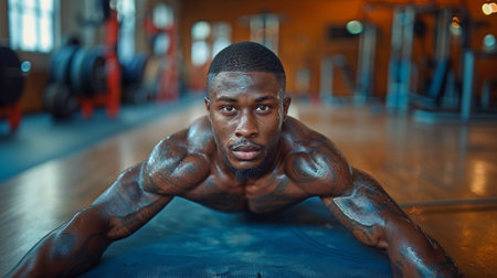 Man, an African American sports athlete, working out at the gym.の素材
