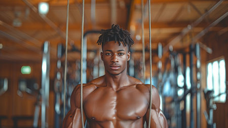Man, an African American sports athlete, working out at the gym.の素材