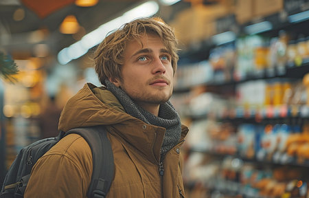 View from the back of a young man buying in a supermarket.の素材