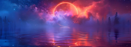 The image is a circle frame with a dark starry background, blue neon light glow, and purple smoke under waves of calm water. Light-emitting LED ring border rendered in a realistic vector style.の素材