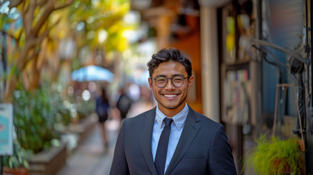 A young man in business stands outside next to office buildings and smiles at the camera.の素材