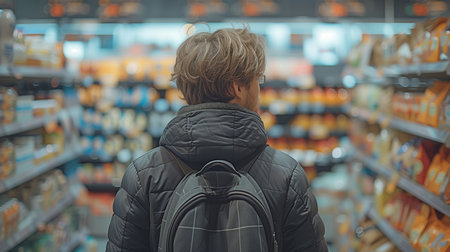 View from the back of a young man buying in a supermarket.の素材