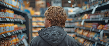 View from the back of a young man buying in a supermarket.の素材