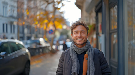 A young man in business stands outside next to office buildings and smiles at the camera.の素材