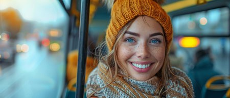 Young, happy lady riding a public bus and gripping a handle.の素材